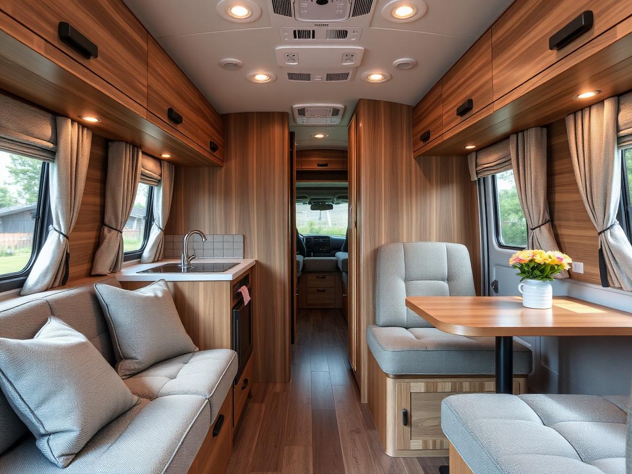 Asuntoauton sisätilat ja keittiö