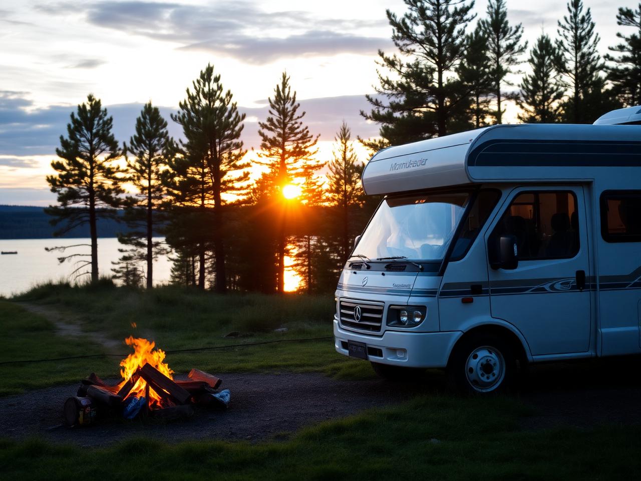 Asuntoauto leirintäalueella iltanuotiolla