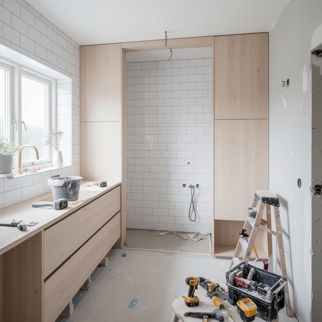 Kylpyhuoneremontti työn alla – laatoitus ja puukalusteet pohjoismainen tyyli