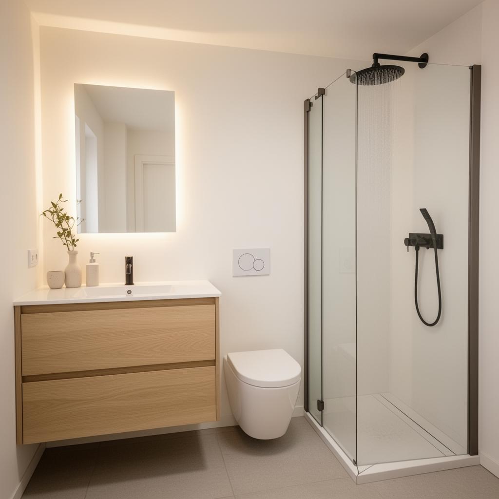 Valmis kylpyhuoneremontti – minimalistinen pohjoismainen suihku ja allaskaluste